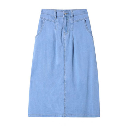High Waist Denim Midi A-Line Skirt