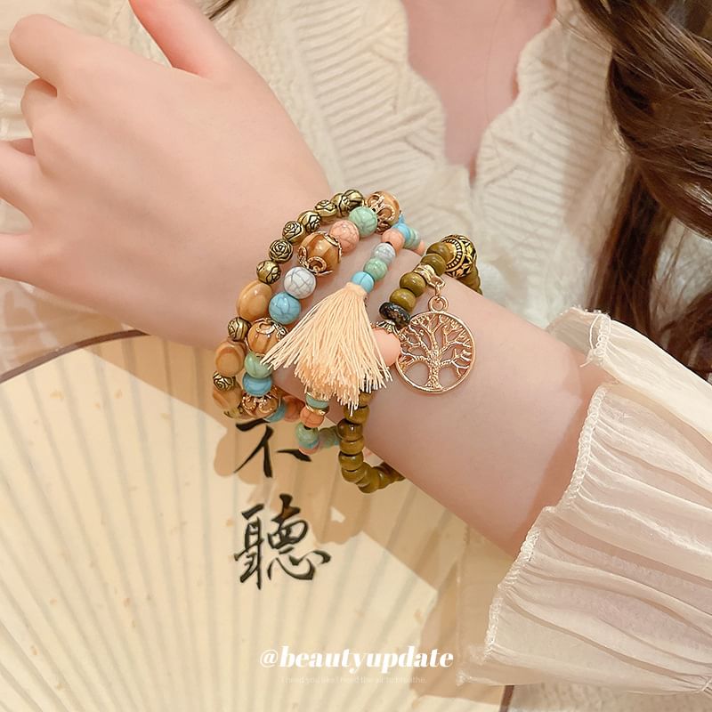 Tassel / Faux Gemstone / Wooden Bead Bracelet / Set (Various Designs)