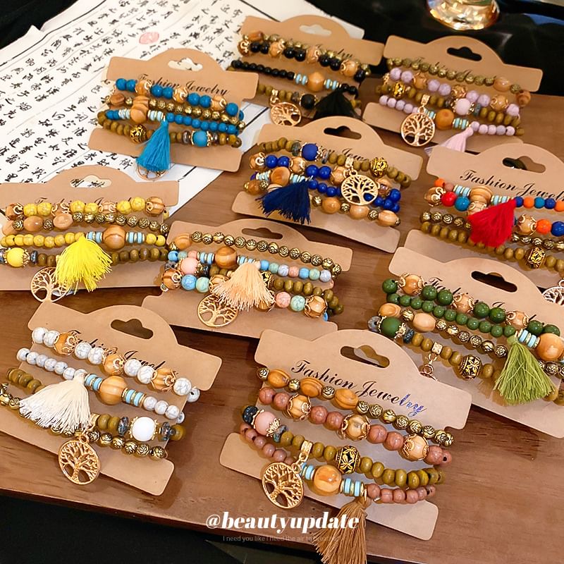 Tassel / Faux Gemstone / Wooden Bead Bracelet / Set (Various Designs)