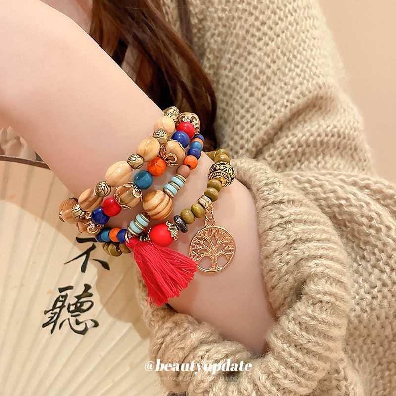 Tassel / Faux Gemstone / Wooden Bead Bracelet / Set (Various Designs)
