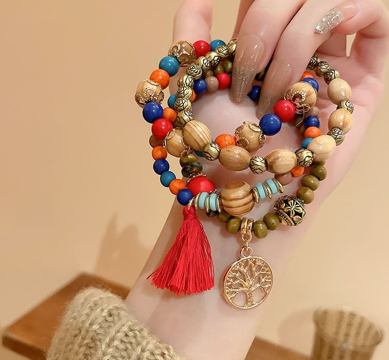 Tassel / Faux Gemstone / Wooden Bead Bracelet / Set (Various Designs)