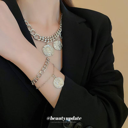 Coin Pendant Layered Alloy Bracelet / Necklace