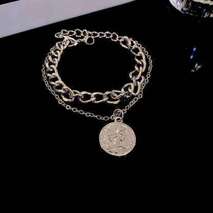 Coin Pendant Layered Alloy Bracelet / Necklace