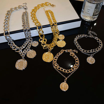 Coin Pendant Layered Alloy Bracelet / Necklace