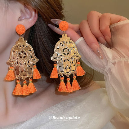 Droplet / Hamsa Hand Tassel Alloy Chandelier Earring