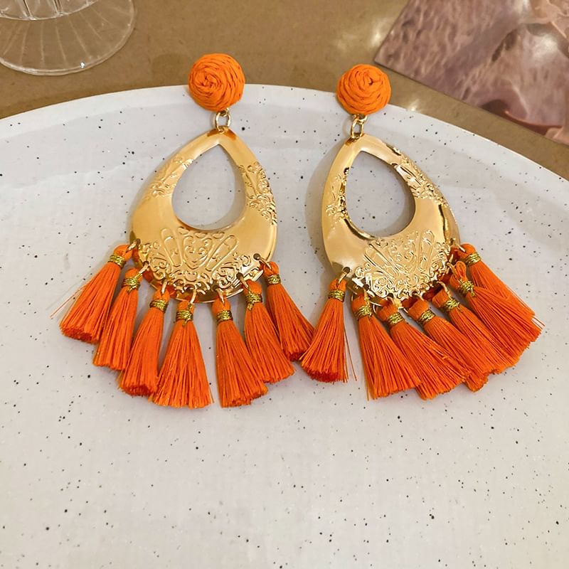 Droplet / Hamsa Hand Tassel Alloy Chandelier Earring