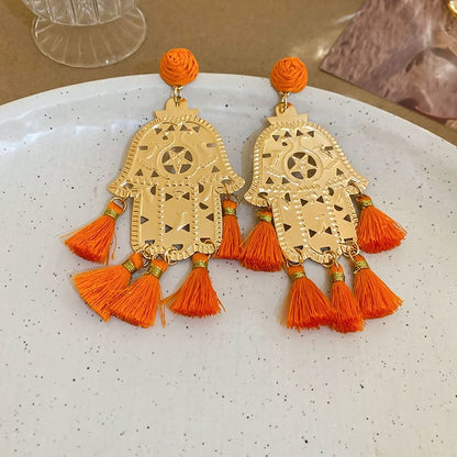 Droplet / Hamsa Hand Tassel Alloy Chandelier Earring