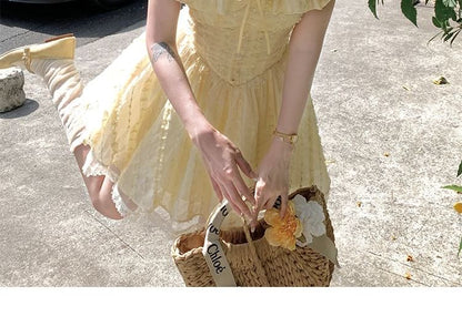 Short Sleeve Square Neck Bow Ruffle Panel Lace Mini A-Line Dress