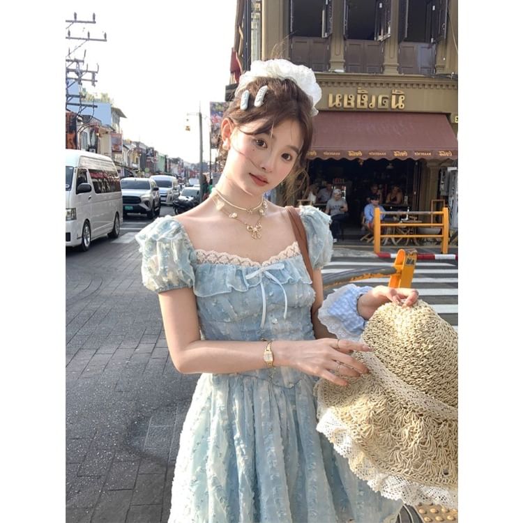 Short Sleeve Square Neck Bow Ruffle Panel Lace Mini A-Line Dress