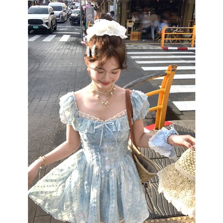 Short Sleeve Square Neck Bow Ruffle Panel Lace Mini A-Line Dress