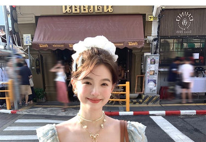 Short Sleeve Square Neck Bow Ruffle Panel Lace Mini A-Line Dress