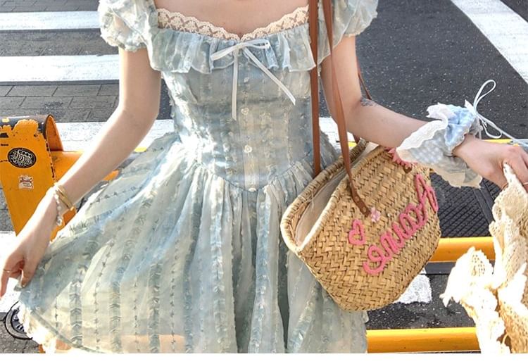 Short Sleeve Square Neck Bow Ruffle Panel Lace Mini A-Line Dress