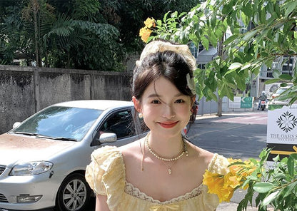 Short Sleeve Square Neck Bow Ruffle Panel Lace Mini A-Line Dress