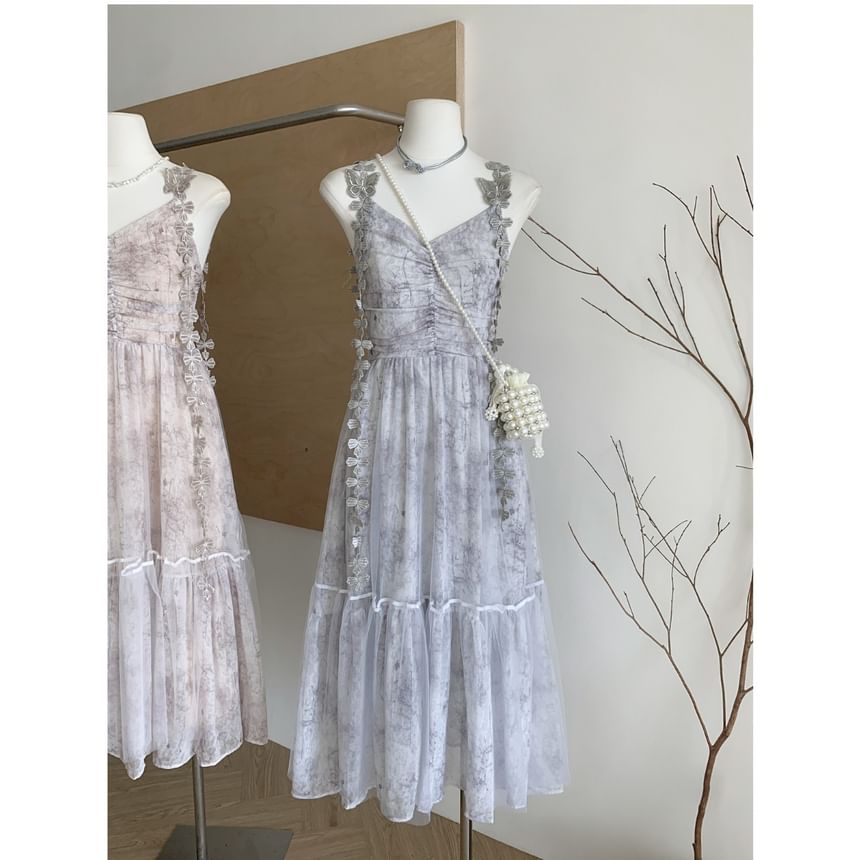 Tie Dye Ruched Mesh Midi A-Line Dress V-Neck