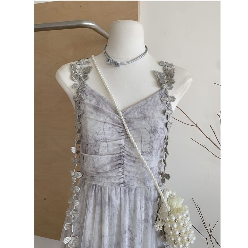 Tie Dye Ruched Mesh Midi A-Line Dress V-Neck