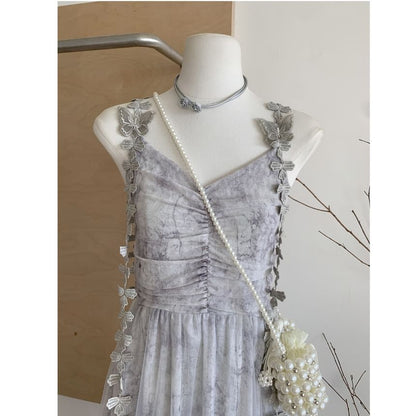 Tie Dye Ruched Mesh Midi A-Line Dress V-Neck