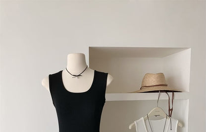 Sleeveless Scoop Neck Plain Ribbed Mini A-Line Dress