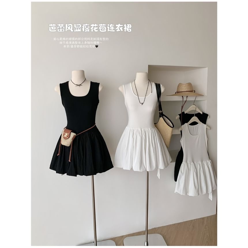 Sleeveless Scoop Neck Plain Ribbed Mini A-Line Dress