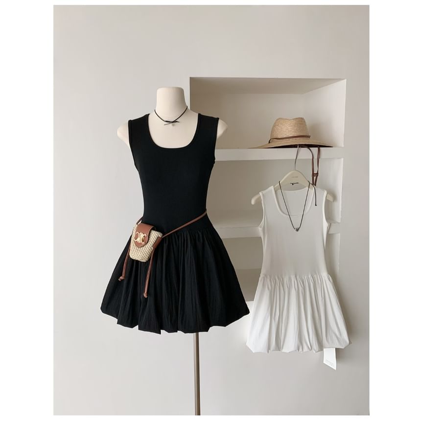 Sleeveless Scoop Neck Plain Ribbed Mini A-Line Dress