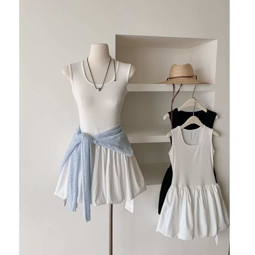 Sleeveless Scoop Neck Plain Ribbed Mini A-Line Dress