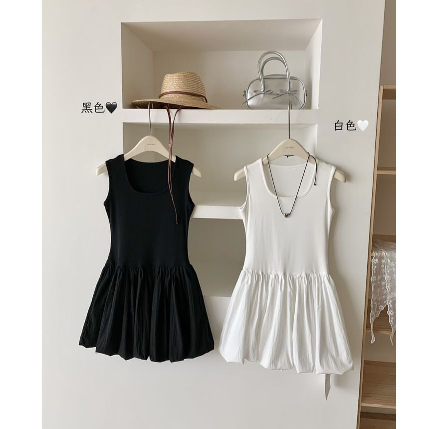 Sleeveless Scoop Neck Plain Ribbed Mini A-Line Dress