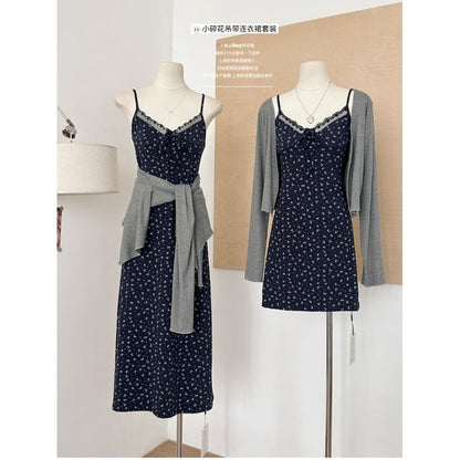 Set: Spaghetti Strap V-Neck Floral Print Lace Trim A-Line Dress + Plain Open Front Cardigan (Various Designs)