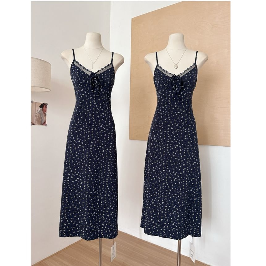 Set: Spaghetti Strap V-Neck Floral Print Lace Trim A-Line Dress + Plain Open Front Cardigan (Various Designs)