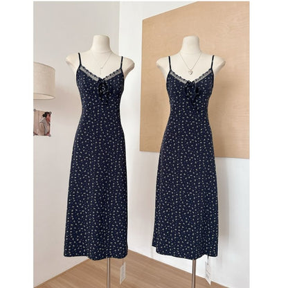 Set: Spaghetti Strap V-Neck Floral Print Lace Trim A-Line Dress + Plain Open Front Cardigan (Various Designs)