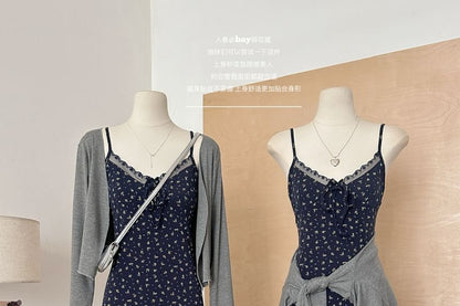 Set: Spaghetti Strap V-Neck Floral Print Lace Trim A-Line Dress + Plain Open Front Cardigan (Various Designs)