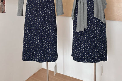 Set: Spaghetti Strap V-Neck Floral Print Lace Trim A-Line Dress + Plain Open Front Cardigan (Various Designs)