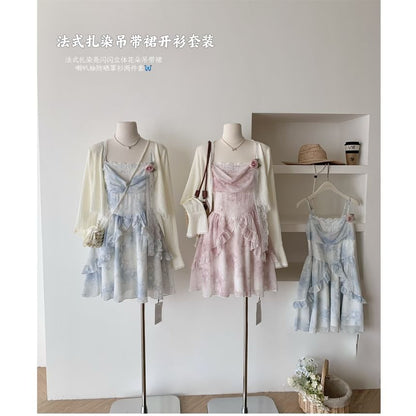 Set: Plain Cardigan + Spaghetti Strap Floral Print Mini A-Line Dress