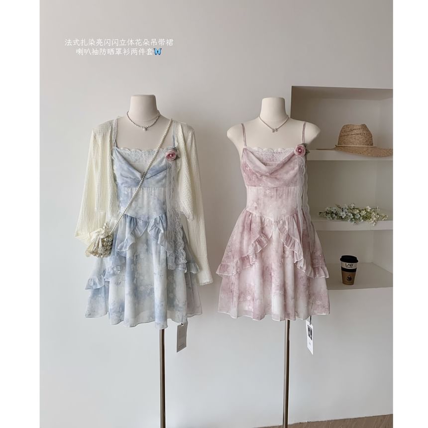 Set: Plain Cardigan + Spaghetti Strap Floral Print Mini A-Line Dress