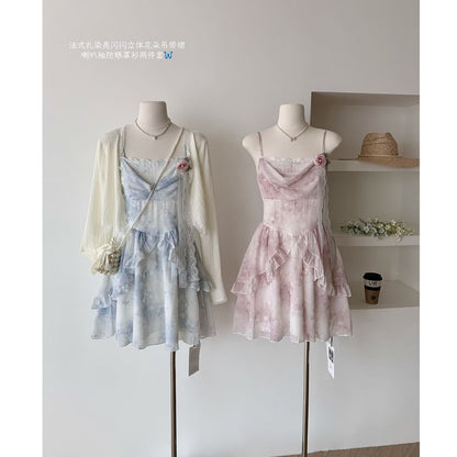 Set: Plain Cardigan + Spaghetti Strap Floral Print Mini A-Line Dress