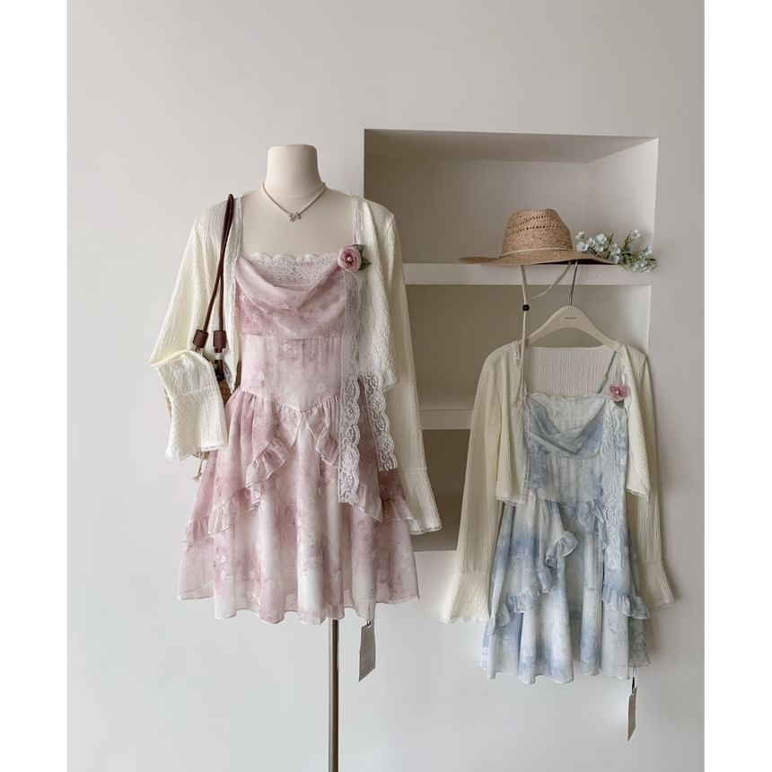 Set: Plain Cardigan + Spaghetti Strap Floral Print Mini A-Line Dress