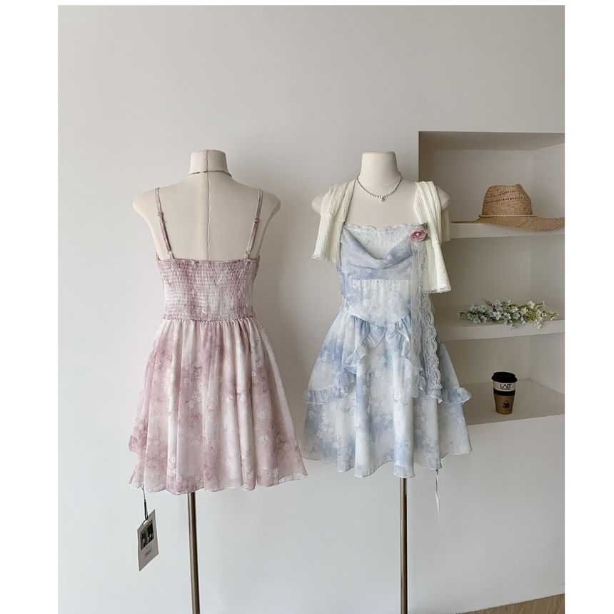 Set: Plain Cardigan + Spaghetti Strap Floral Print Mini A-Line Dress