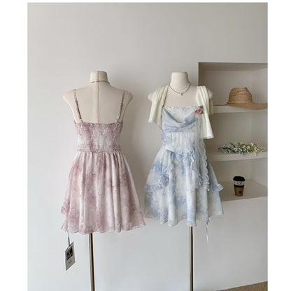 Set: Plain Cardigan + Spaghetti Strap Floral Print Mini A-Line Dress