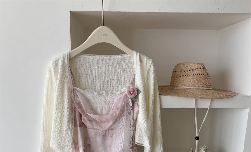 Set: Plain Cardigan + Spaghetti Strap Floral Print Mini A-Line Dress