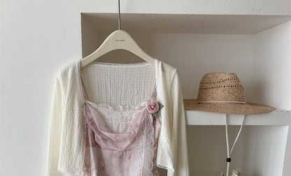 Set: Plain Cardigan + Spaghetti Strap Floral Print Mini A-Line Dress