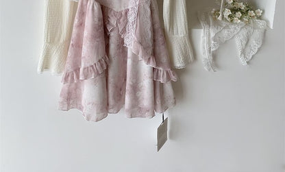 Set: Plain Cardigan + Spaghetti Strap Floral Print Mini A-Line Dress