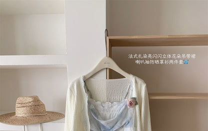 Set: Plain Cardigan + Spaghetti Strap Floral Print Mini A-Line Dress