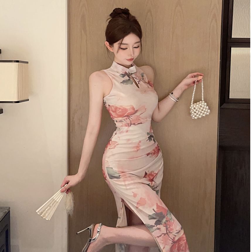 Sleeveless Floral Print Maxi Qipao