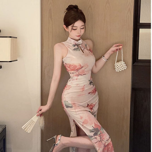 Sleeveless Floral Print Maxi Qipao