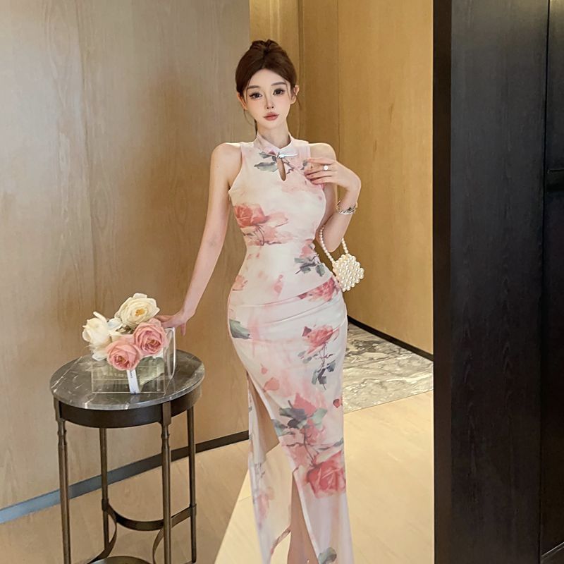 Sleeveless Floral Print Maxi Qipao