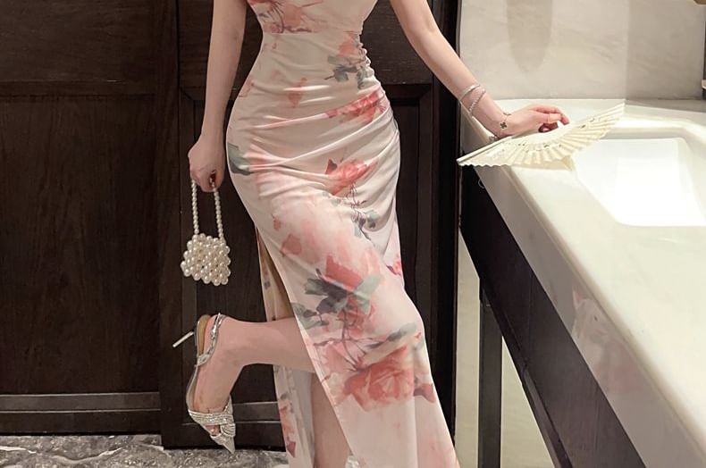 Sleeveless Floral Print Maxi Qipao