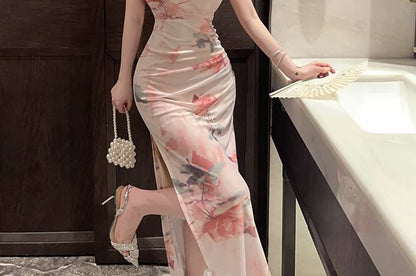 Sleeveless Floral Print Maxi Qipao