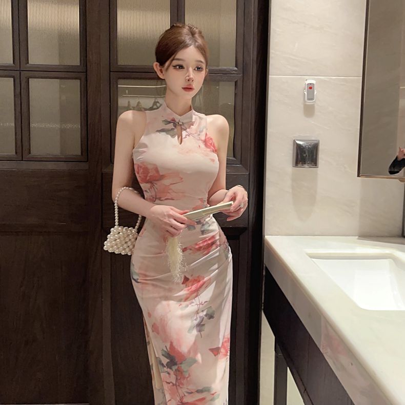 Sleeveless Floral Print Maxi Qipao