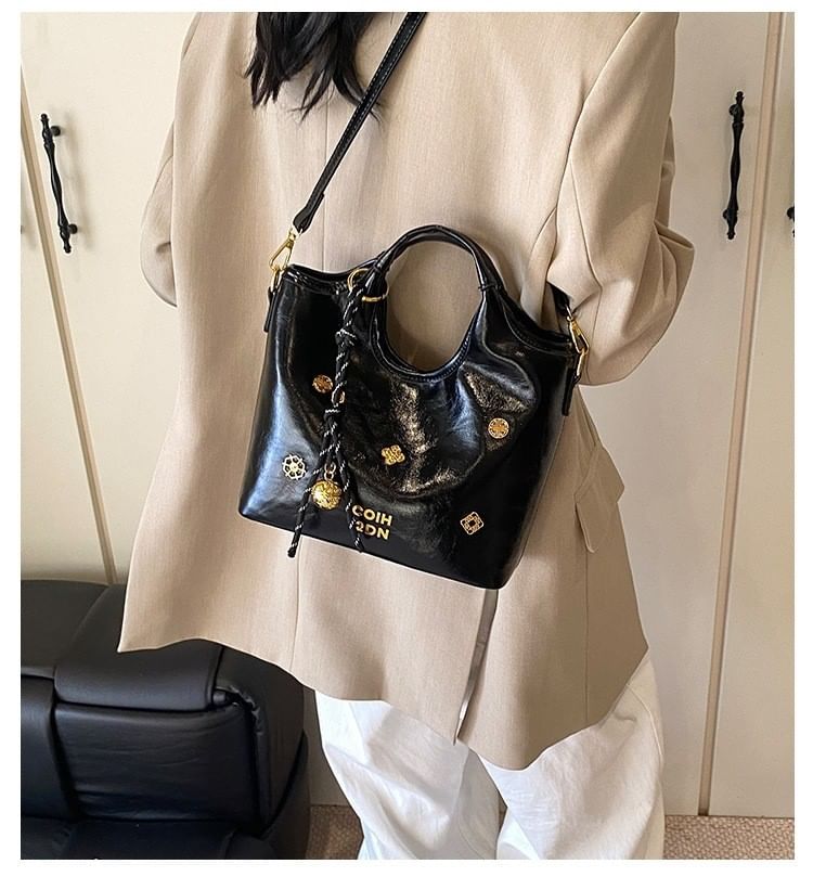 Faux Leather Top Handle Bucket Bag