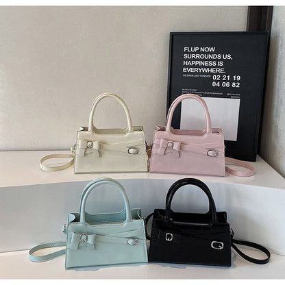 Faux Leather Top Handle Bow Buckled Crossbody Bag