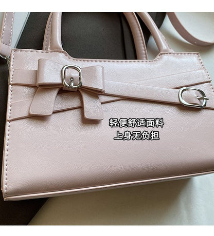 Faux Leather Top Handle Bow Buckled Crossbody Bag
