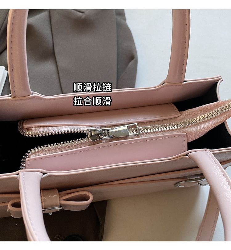 Faux Leather Top Handle Bow Buckled Crossbody Bag